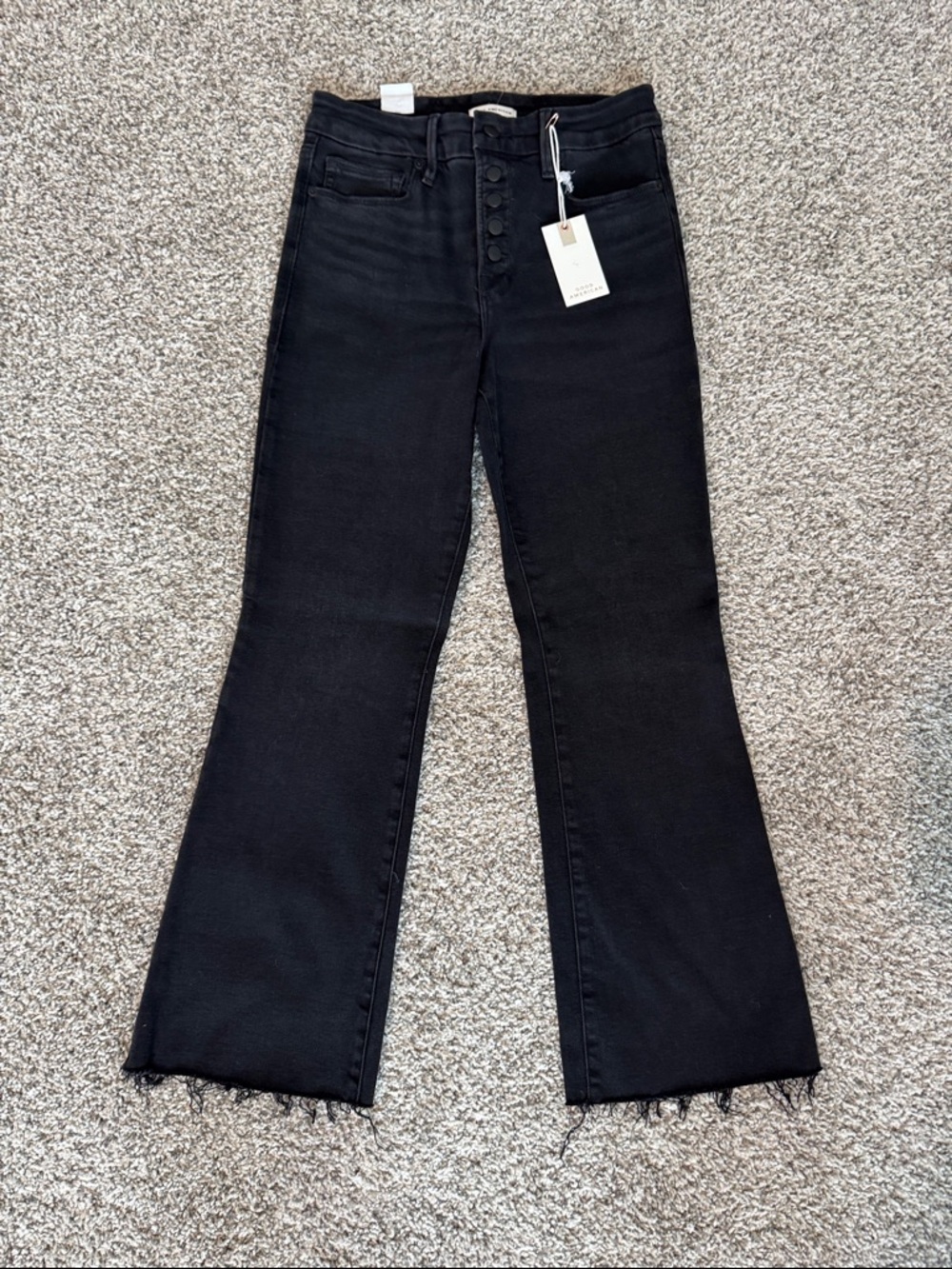 Good American Black 5 Button-Front Good Legs Crop Mini Boot Jeans with Raw Hem